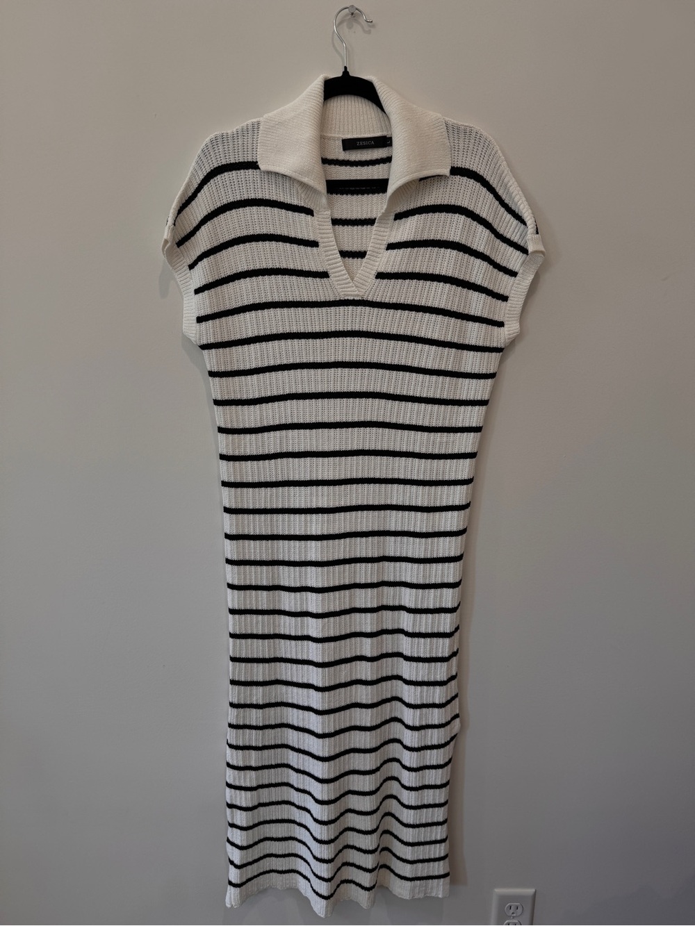 Ribbed Polo Maxi Dress in White & Black Stripes